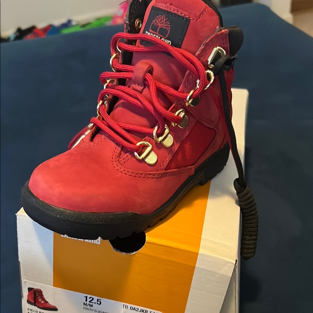 Timberland Red and Black Boots with Suede Upper